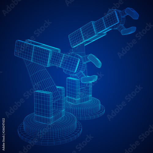 Robotic arm manufacture technology industry assembly mechanic hand wireframe low poly mesh vector illustration