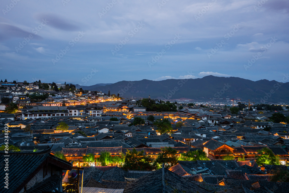 Rooftops in Lijiang old town,China at the evening.