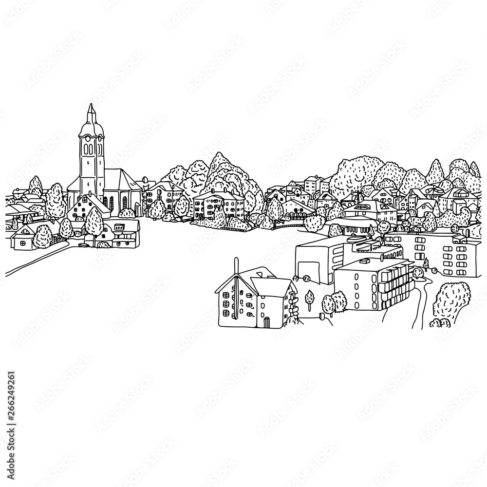 Fototapeta mała wioska w Europie wektor ilustracja szkic doodle ręcznie rysowane z czarnymi liniami na białym tle. Miejsce.