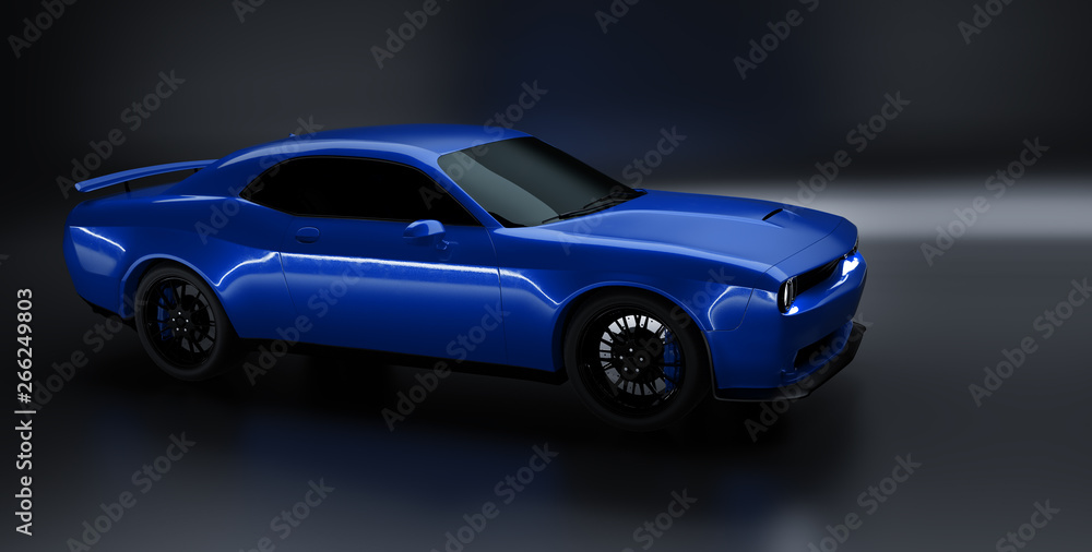 Front angle view of a generic blue brandless American muscle car on a black background . Transportation concept . 3d illustration and 3d render.