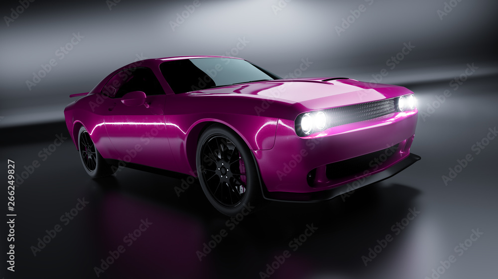 Front angle view of a generic pink brandless American muscle car on a black background . Transportation concept . 3d illustration and 3d render.