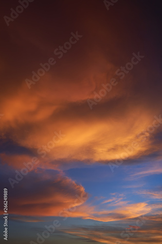 Beautiful vibrant orange cloud and blue sunset sky . Vertical format