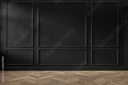 Fototapeta Naklejka Na Ścianę i Meble -  Modern classic black color empty interior with wall panels, mouldings and wooden floor. 3d render illustration mock up.