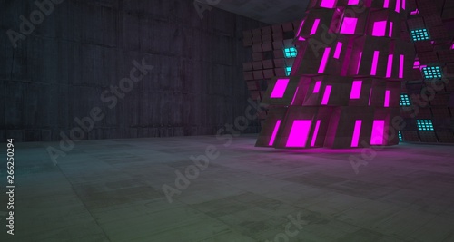 Abstract Concrete Futuristic Sci-Fi interior With Colored Glowing Neon Tubes . 3D illustration and rendering.