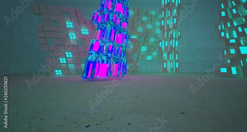 Abstract Concrete and Glass Futuristic Sci-Fi interior With Pink And Blue Glowing Neon Tubes . 3D illustration and rendering.