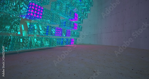 Abstract Concrete and Glass Futuristic Sci-Fi interior With Pink And Blue Glowing Neon Tubes . 3D illustration and rendering.