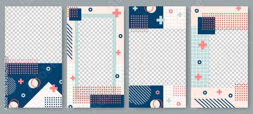Memphis style stories template. Story post layout, hipster art social media posts branding and retro photo frame vector set