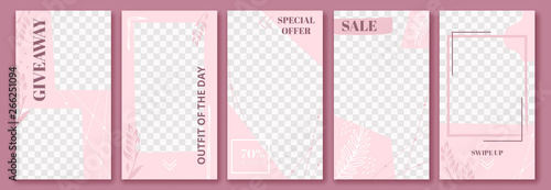 Pink stories template. Cute story post layout, fashion floral poster and graceful sale stories templates layout vector set