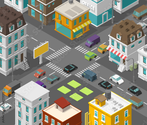 Isometric city. Town district street. Advertising billboard on the road Intersection crosswalk. Vector high detail city projection view. Cars end buildings top view.