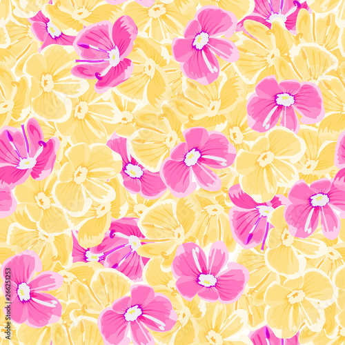 spring background. pink and yellow flowers. vector seamless pattern. floral backdrop. textile paint. repetitive background. fabric swatch. wrapping paper. modern stylish texture