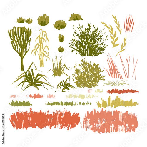 Graphic collection of abstract stainy plants on white background