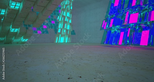 Abstract Concrete and Glass Futuristic Sci-Fi interior With Pink And Blue Glowing Neon Tubes . 3D illustration and rendering.