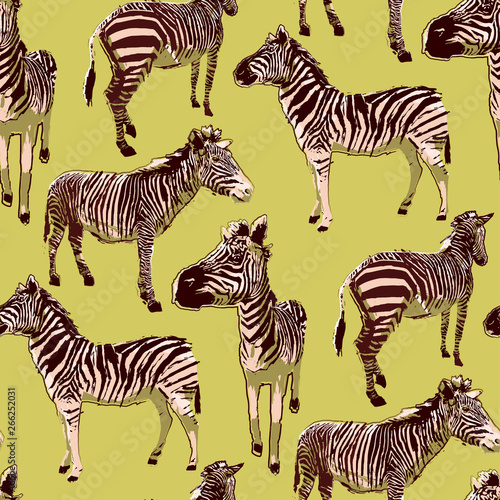Graphic seamless pattern of standing zebras drawn in the technique of rough brush