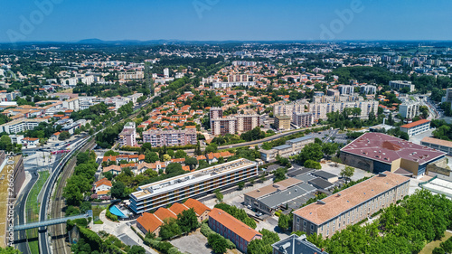 Aerial top view of Montpellier city skyline from above, Southern France