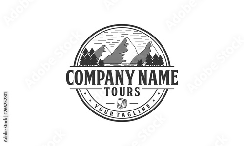 Adventure logo design. Backpacker tour badge logo.