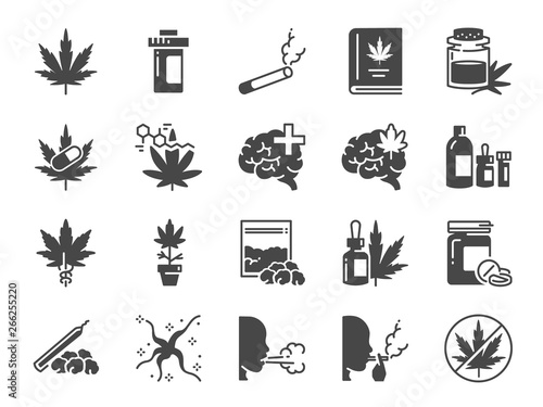 Cannabidiol solid icon set. Included icons as CBD, Cannabis, treatment, weed, tobacco and more.