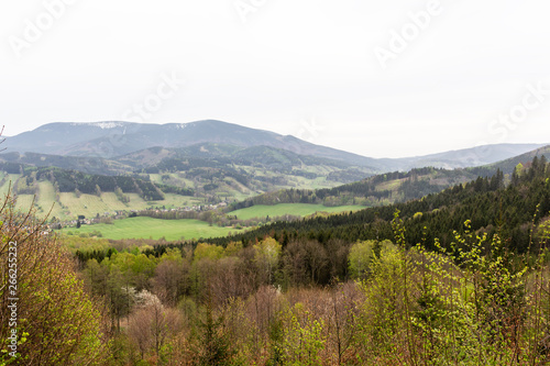 Fantastic morning mountain landscape, scenery of high green mountains, blue sky with clouds, beauty world.