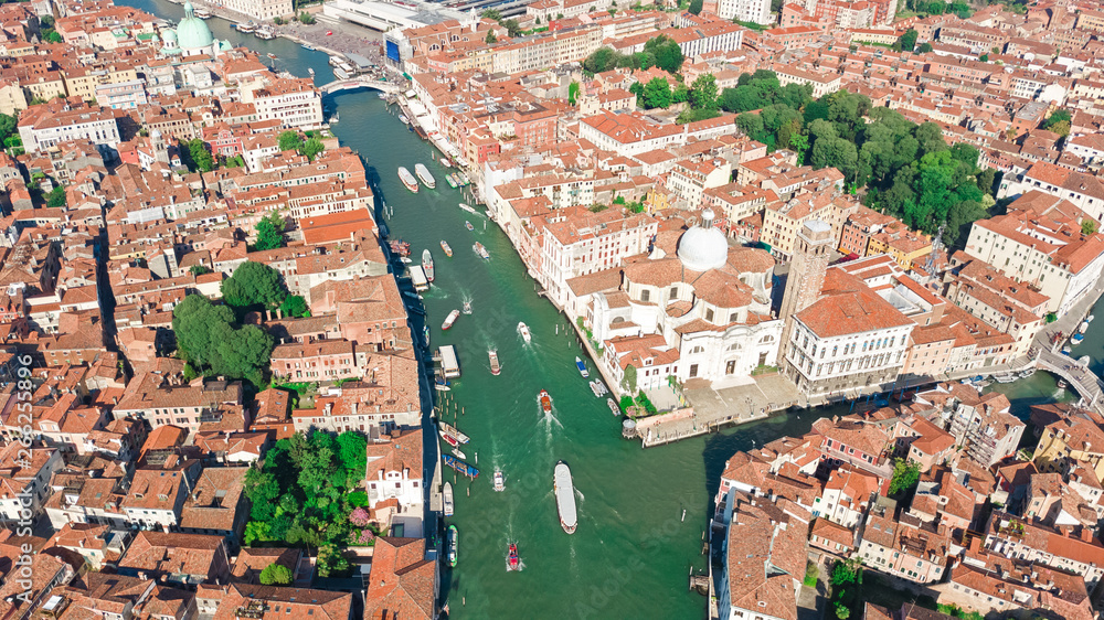 Venice city Grand Canal aerial drone view, Venice island cityscape and Venetian lagoon from above, Italy