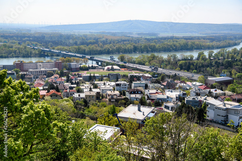 Photography View of the Danube River and the Lafranconi bridge in Bratislava, Slovakia