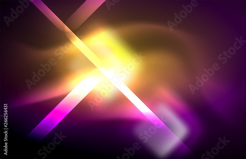 Neon square and line lights on dark background with blurred effects