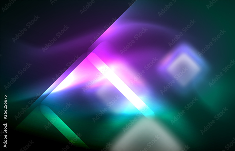 Neon square and line lights on dark background with blurred effects Neon square and line lights on dark background with blurred effects