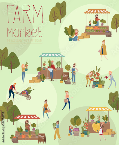 Farmer s market poster with people selling and shopping at walking street  organic fruits and vegetables  cartoon flat design. Editable vector illustration