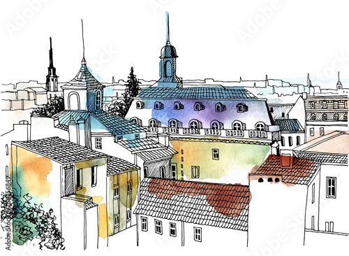 Urban landscape of old European city in hand drawn line style. Bordeaux, France. Vector illustration on colorful watercolor background