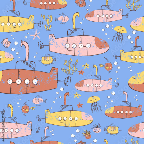 Bright children seamless pattern with the submarines and sea plants and animals.