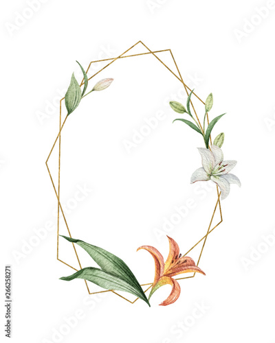 Watercolor vector hand painted wreath of flowers, green leaves and gold geome...
