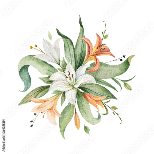 Watercolor vector arrangement of Lily flowers and green leaves.