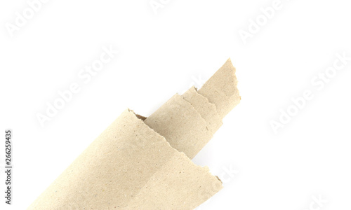 Recycled brown torn or ripped pieces of paper craft stick on a white background