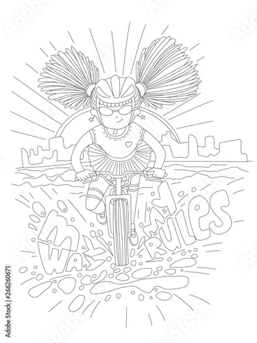 Cute hand draw coloring page with brave girl. Feminist zen art vector illustration for colouring pages - little girl heatedly driving bike with lettering My Way My Rules. © kirasolly