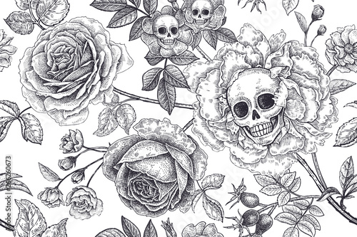 Floral seamless pattern with symbols of day dead. Skulls, blooming rose flowers and foliage.