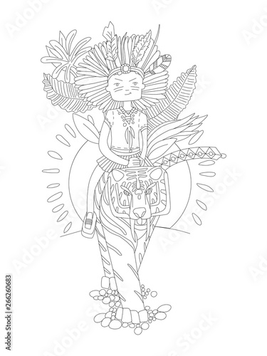 Cute hand draw coloring page with brave wild child - girl sitting on tiger with tribal ornament and sunset. Cute girl riging wild animal, vector outline illustration for coloring pages. Wild girl © kirasolly