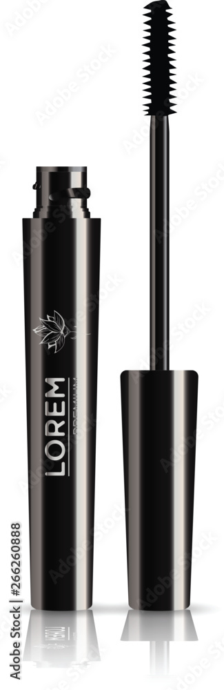  Empty mascara brush vector mock-up illustration.  Realistic 3d empty glossy black eyelash or eyecleaner package design.  Luxury makeup cosmetic product container or tube isolated on white background.