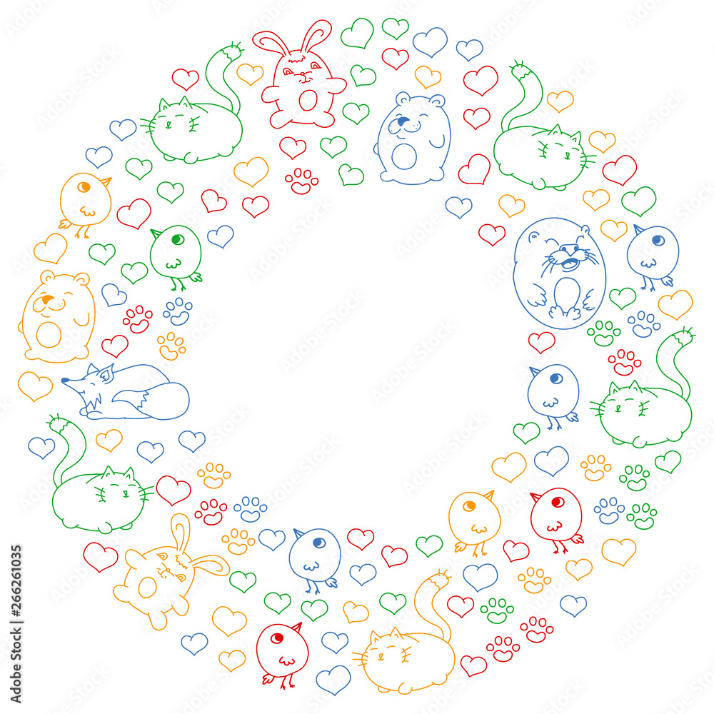 Vector set of beautiful round icons icons in doodle style. Painted, colorful, pictures on a piece of paper on white background