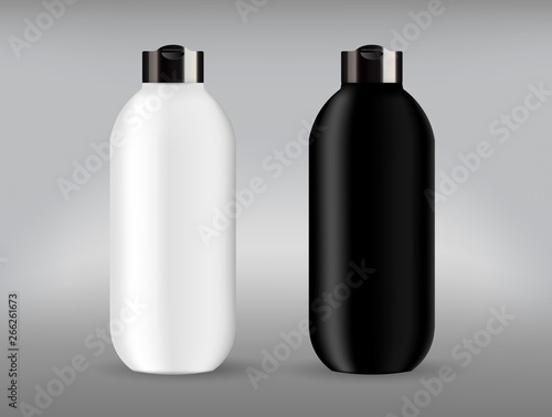 Cosmetic plastic back and white bottle with black lid.  Liquid container for gel, micellar water, lotion, cream, shampoo, bath foam.  Beauty product package. Vector illustration. Isolated on gray back
