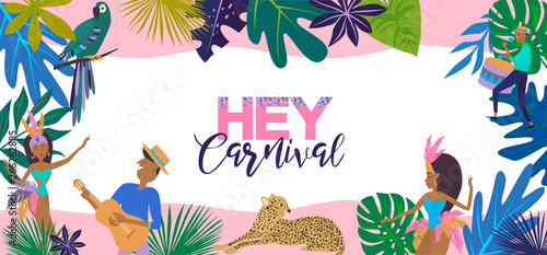 Brazil Carnival poster template with Brazilian samba dancer, tropical plant and leopard. Carnival in Rio de Janeiro with girls wearing a festival costume. Editable vector illustration