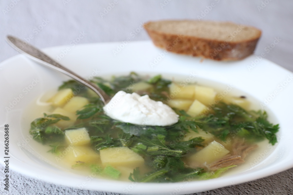 Green summer soup with nettle meat and potatoes with bread on a grey concrete background Green summer soup with nettle meat and potatoes with bread on a grey concrete background