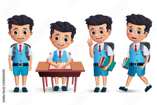 Student boy vector character set. School kid character wearing uniform and backpack with various postures like standing, walking and studying in desk. 3D realistic vector illustration.
