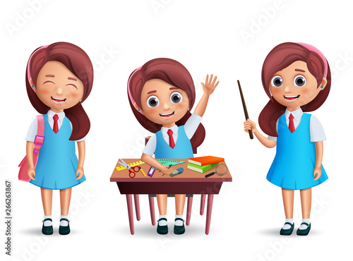 School girl student vector character set. Back to school kid wearing uniform with various postures like standing and studying in desk isolated in white. 3D realistic vector illustration.