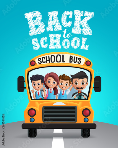 Back to school vector design. School bus with school kids students in uniform happy riding and back to school text in blue background. Vector illustration.