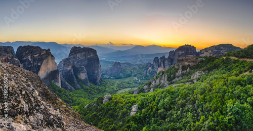 Panoramic view of the monasteries of Meteora at sunset