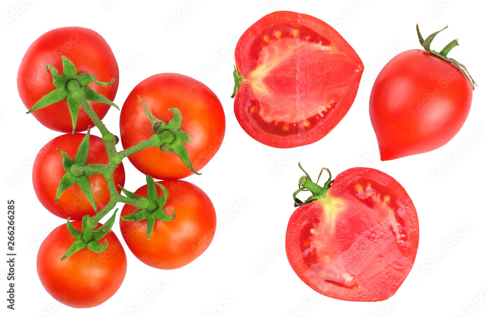 Tomato and sliced isolated on white, top view Tomato and sliced isolated on white, top view