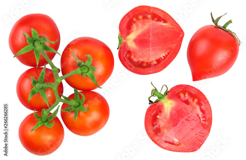 Tomato and sliced isolated on white, top view