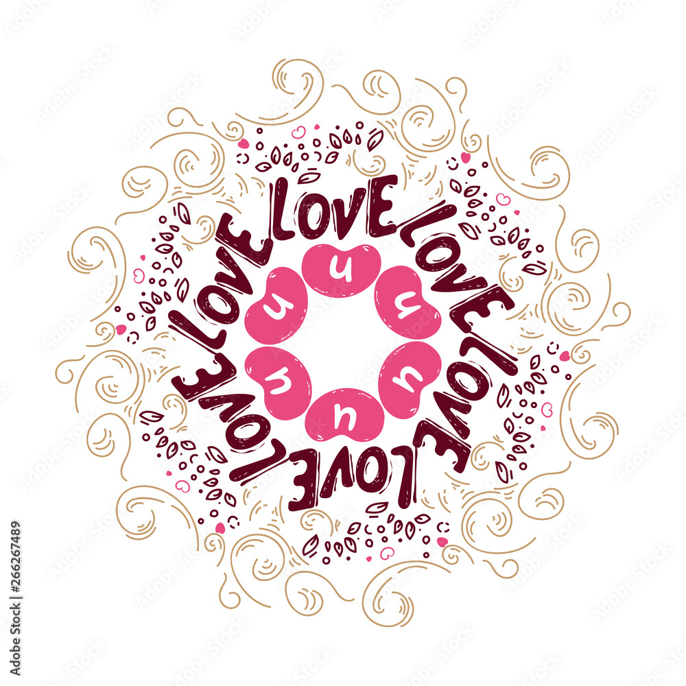 doodle curls. cute hearts. Vector Romantic design with hand drawing lettering Love u. mandala background. Wallpaper, flyers, invitation, posters, banners. greeting card, template, wreath, circle frame doodle curls. cute hearts. Vector Romantic design with hand drawing lettering Love u. mandala background. Wallpaper, flyers, invitation, posters, banners. greeting card, template, wreath, circle frame