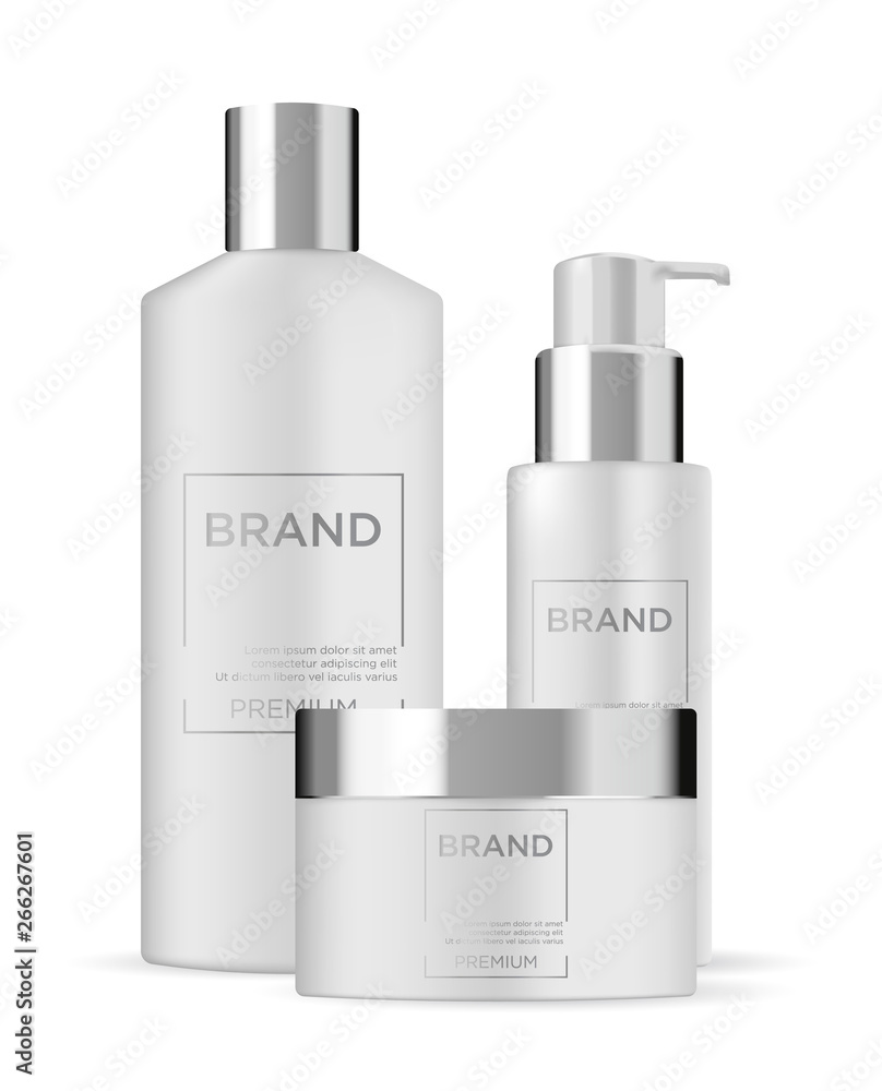 Round white glossy plastic bottle set with dispenser for cream, liquid soap, lotion, shampoo, shower gel, lotion, body milk. Realistic packaging mockup template. Vector illustration. Round white glossy plastic bottle set with dispenser for cream, liquid soap, lotion, shampoo, shower gel, lotion, body milk. Realistic packaging mockup template. Vector illustration.