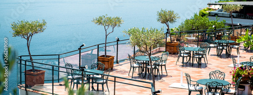 Horizontal image empty open air restaurant at Amalfi coast, southern Italy