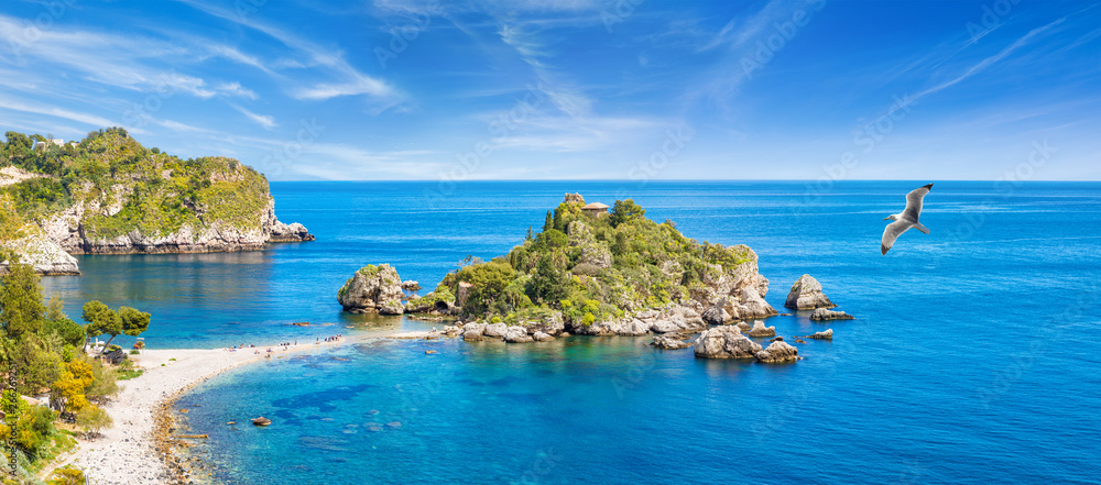 Panoramic view of Isola Bella small island near Taormina, Sicily, Italy
