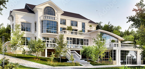 Very beautiful luxury mansion. Exterior of a large white house photo